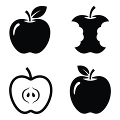 Four stylized apple icons fresh whole cut bite and core graphics representing fruit and food concepts silhouette