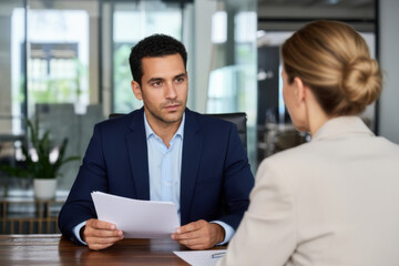 Obraz premium A man and woman sitting at a table in an office