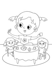 Little girl having tea party with two dolls coloring page