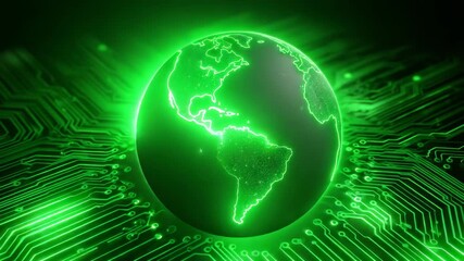 Glowing green digital globe with circuit board background representing technology connectivity and futuristic earth network innovation symbolizing global digital communication and advanced technology - Powered by Adobe