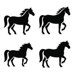 Four silhouettes of horses in dynamic poses ready for equestrian art and design projects silhouette