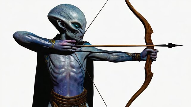 Blue alien aiming a wooden bow on white. Clean sci-fi archery scene for gaming heroes, strategy posters, and event promos