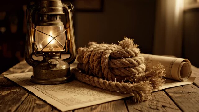 Old Oil Lantern Illuminating Nautical Rope and Vintage Map