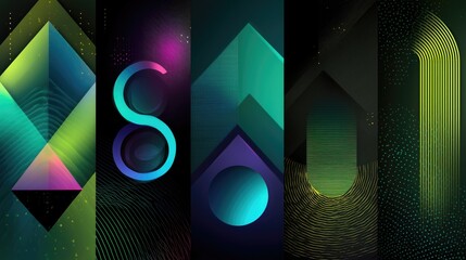 Wallpaper, poster set of five vertical abstract geometric art panels with neon colors, shapes like diamonds, curves, circles, triangles, glowing effects on dark background for modern tech, futuristic