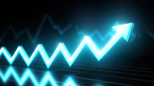 Glowing blue zigzag arrow graph with reflection symbolizing growth progress success in business finance rising upward trend on dark background for glowing business finance success