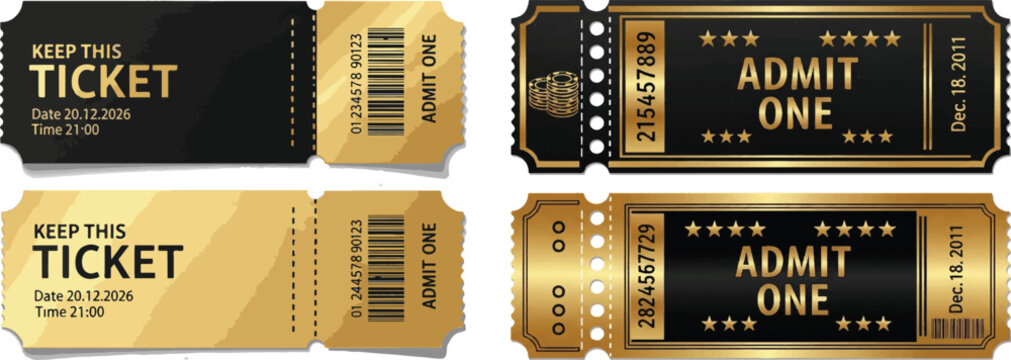 Premium black and gold VIP tickets vector set, including Admit One and Keep This Ticket templates.
