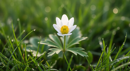 A delicate white wood anemone flower with yellow center blooms in lush green grass with dew drops