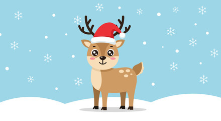 Adorable cartoon reindeer wearing a Santa hat in a snowy winter scene.