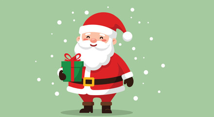 Adorable cartoon Santa Claus holding a green gift box with red ribbon.