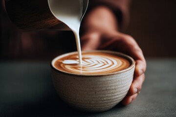 A hand expertly pours foamed milk into a ceramic cup, creating latte art