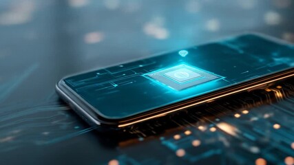 Futuristic phone with glowing circuit board design and central glowing globe icon - Powered by Adobe
