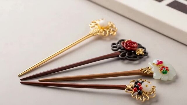 Traditional Korean Hairpins with Floral Ornaments (Binyeo)
