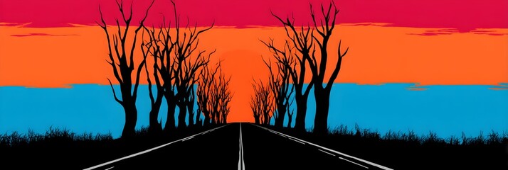 A road with trees and a sunset in the background