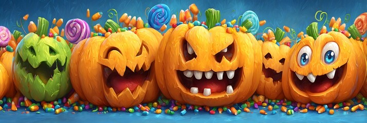 A row of pumpkins with different expressions on their faces
