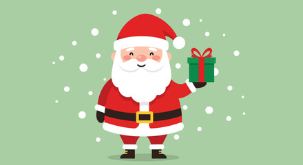 Cheerful Santa Claus holding a green gift box with red ribbon.