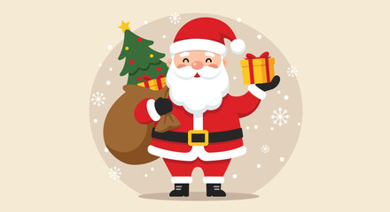 Cheerful Santa Claus holding a gift and a sack with a Christmas tree.