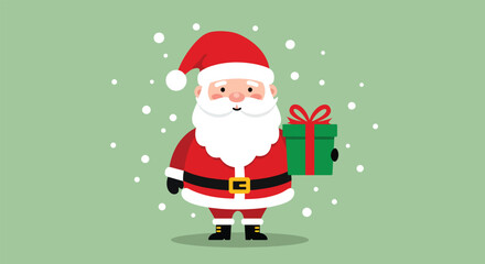Cheerful Santa Claus holding a green gift box with red ribbon.