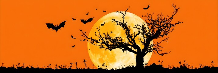 A tree with bats flying around it and a full moon in the background