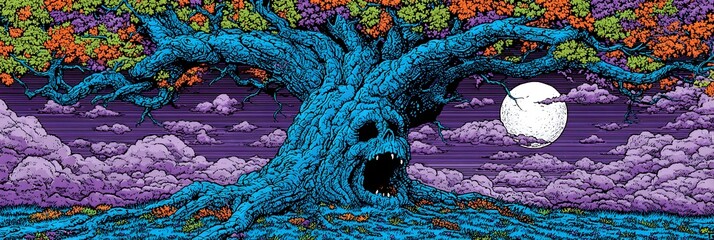 A tree with a skull on it is surrounded by a blue sky