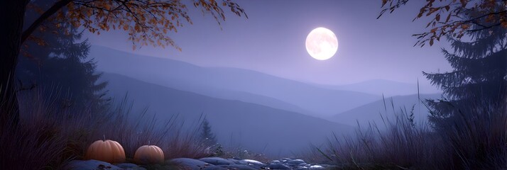 Two pumpkins are on the ground in front of a mountain