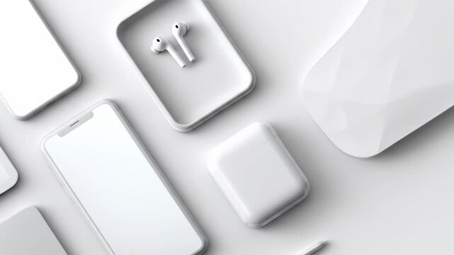 Minimalist arrangement of white electronic devices and accessories on a clean white background