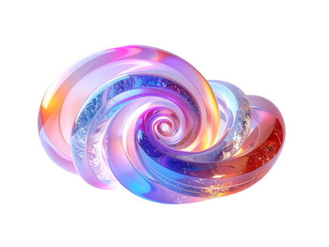 Abstract vibrant twisted glass shape features colorful gradients, smooth curves, and sparkling details in a modern 3d digital art style.