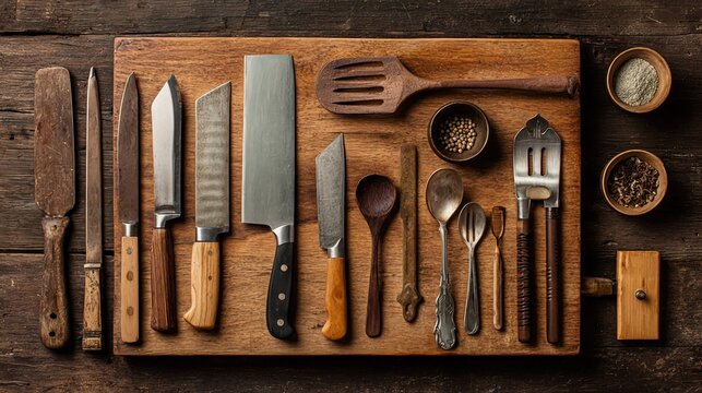 Rustic charm meets culinary artistry with this stunning collection of vintage kitchen tools on a weathered wood board, perfect for adding warm character to your food blog or restaurant website