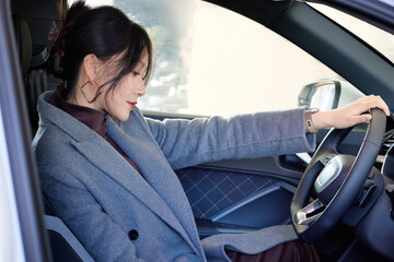 Asian beauty test driving a car in a 4S car dealership