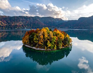 Autumn island in a tranquil blue lake, serene far