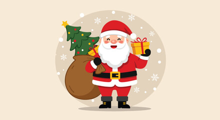Cheerful Santa Claus with Gift and Sacks of Presents.