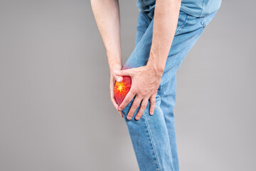 Knee pain, joint inflammation, arthritis and degenerative changes, man suffering from leg ache and...