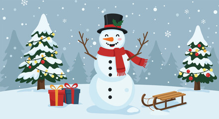 Cheerful Snowman with Gifts and Sled in Snowy Winter Scene.