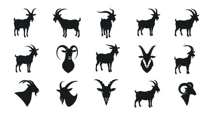 Collection of Silhouette Icons Representing Goats and Goat Heads.