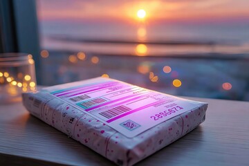 Sunset view with package on table, warm light creating cozy ambi