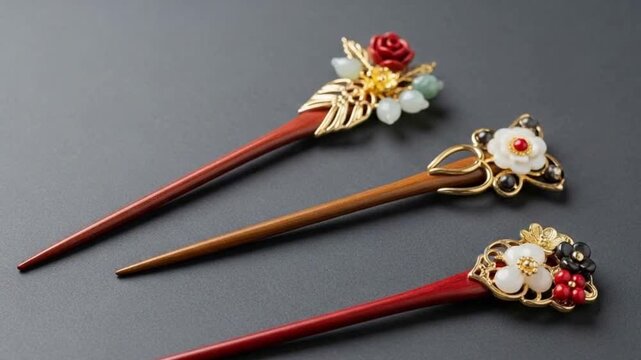 Traditional Korean Hairpins with Floral Ornaments (Binyeo)