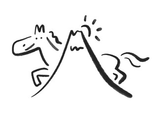 墨絵の富士山と初日の出とかわいい馬　2026 水彩画　モノクロ