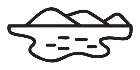 Black outline icon of mountain landscape with hills and wavy water, ideal for nature, outdoor, and travel themes.