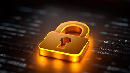 Golden padlock glowing digital code background symbolizing cybersecurity and data protection with warm light effect and golden lock icon digital screen with blurred code background representing - Powered by Adobe