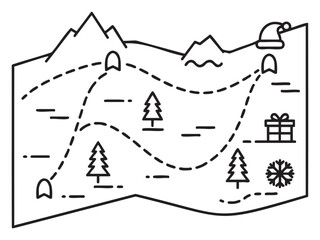 Fototapeta premium Black outline icon of a festive treasure map with mountains, trees, a gift, and a santa hat, symbolizing a holiday-themed adventure.