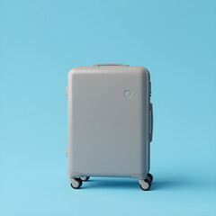 Modern gray travel suitcase on clean blue background