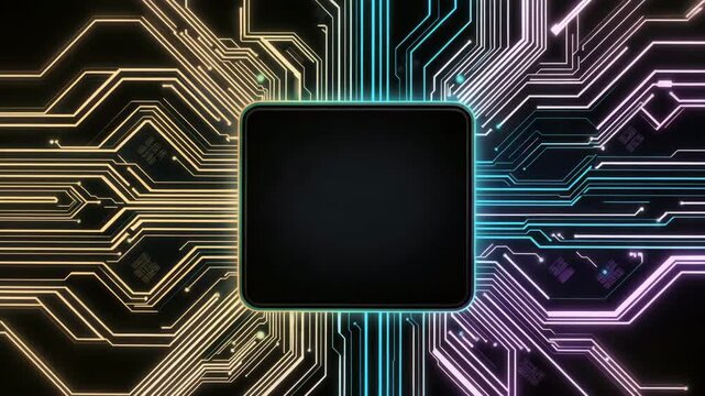 Glowing circuit board with central black chip and colorful neon lines showcasing futuristic electronic technology and digital connection on vibrant computer chip design