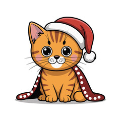 Adorable orange kitten wearing Santa hat and blanket for Christmas orange cat.