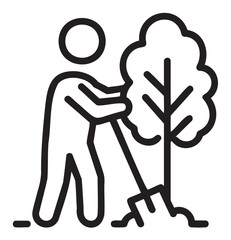 Obraz premium Black outline vector icon of a person planting a tree with a shovel. simple linear illustration representing environmental and gardening activities.