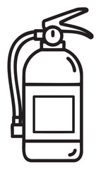 Black outline drawing of a fire extinguisher with a hose and label, suitable for emergency and safety design concepts.
