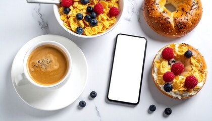 Breakfast Still Life with Phone - Coffee, Cereal, and Bagels.