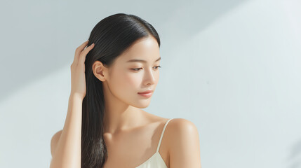 美しい髪を持つアジア人女性のヘアケア