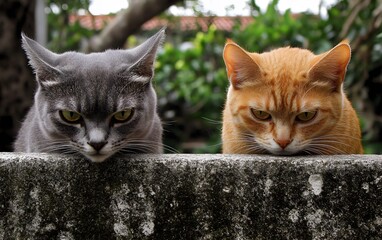 Two cats resting on a wall, grey and orange cat portrait view animal.