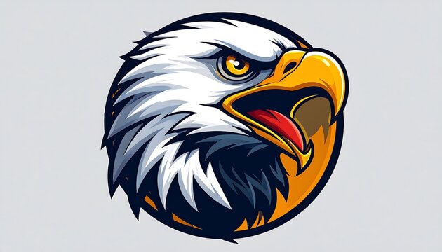 Graphic illustration of a bald eagle head, stylized with bold lines and vibrant colors, set on a neutral background