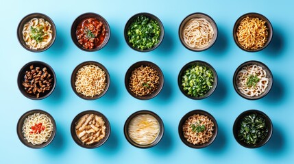 Diverse noodle varieties culinary display food photography blue background aesthetic arrangement gastronomic art