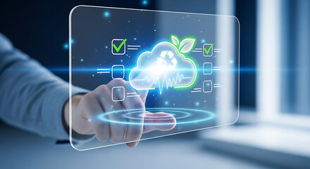 Hand interacting with a futuristic holographic interface displaying cloud computing and ecofriendly icons